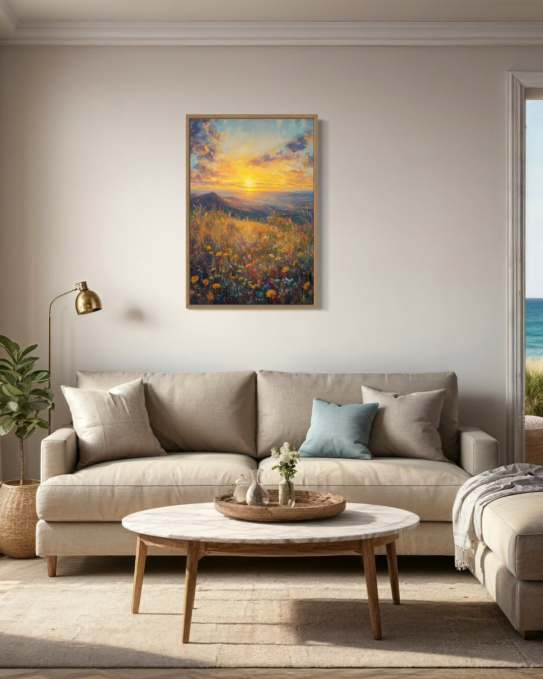 Vertical Yellow Wildflower Field At Sunset Painting Framed Canvas Wall Art in living room