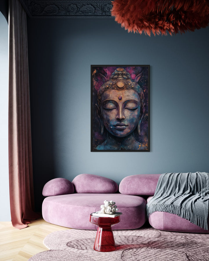 Purple Buddha Abstract Painting Framed Zen Wall Decor above purple couch