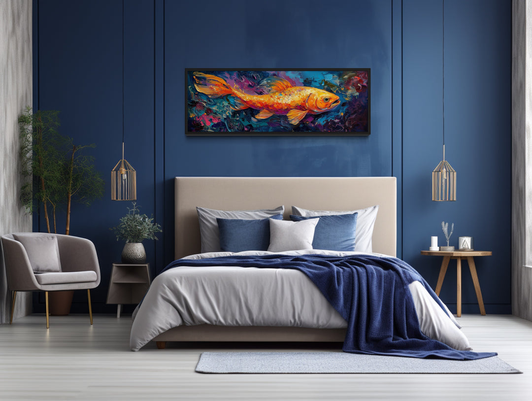 Colorful Abstract Goldfish Long Horizontal Framed Canvas Wall Art above blue beige bed