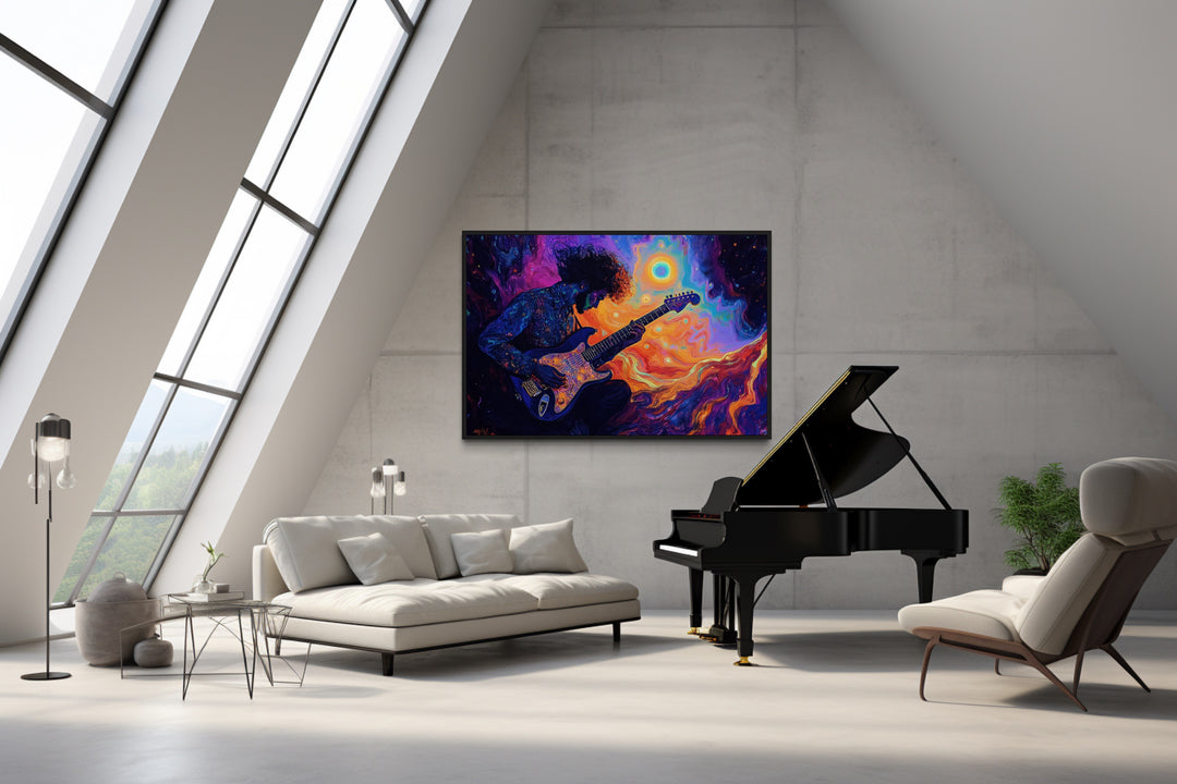 Man Playing Guitar Psychedelic Music Framed Canvas Wall Art in music room