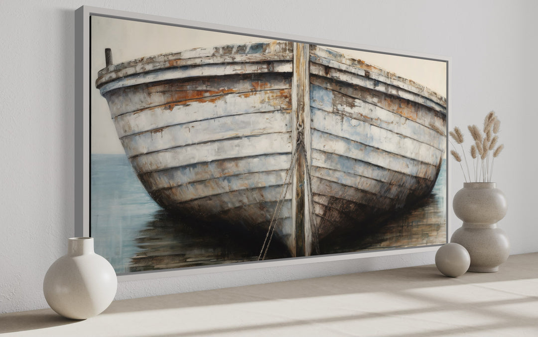 White Brown Rustic Old Boat Close Up Framed Canvas Wall Art side view