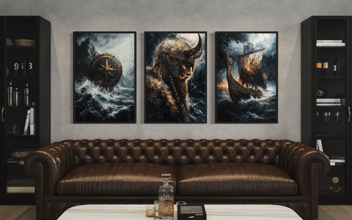 3 Piece Viking Wall Art With Viking Ship And Vegvisir - Nautical Man Cave Decor