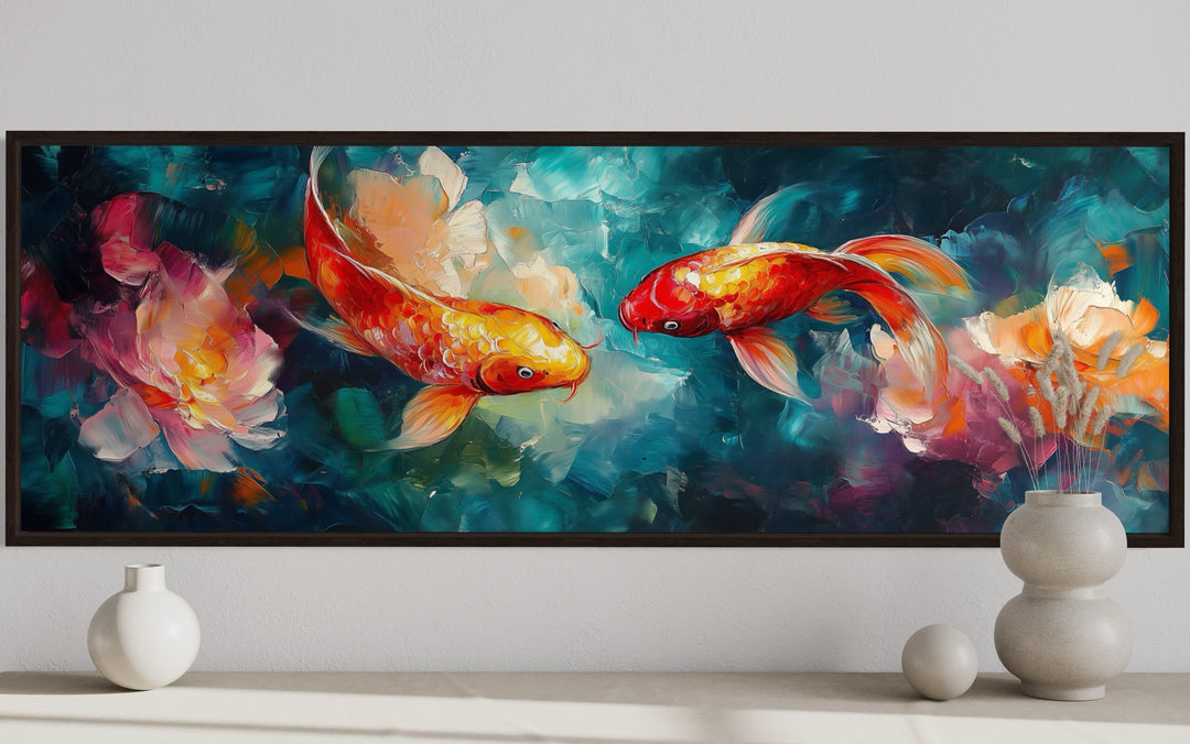 Colorful Koi Fish In The Pond Long Narrow Framed Canvas Wall Art close up