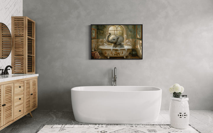 Baby Elephant in a Bathtub Framed Canvas Wall Art in bathroom