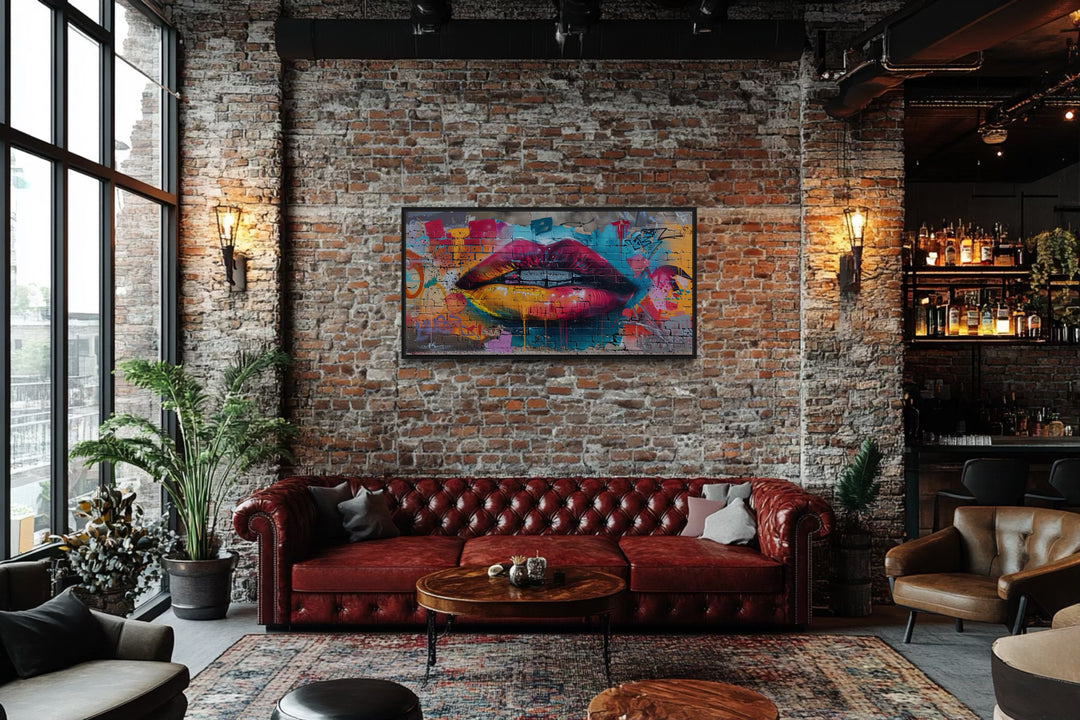 Trippy Lips Graffiti Painting Framed Large Canvas Wall Decor on brick wall