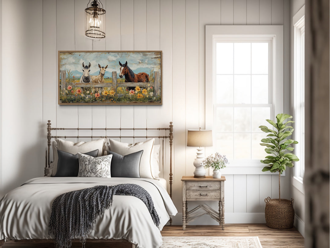 Rustic Horse and Donkey Country Farmhouse Canvas Wall Decor above rustic bed