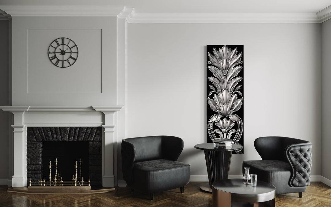 Tall Narrow Black Silver Art Deco Framed Canvas Wall Art in a living room filled with furniture and a fire place