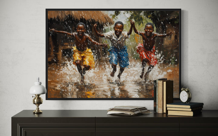 a painting of three black children running in the rain