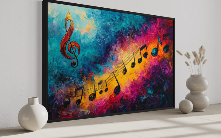 Trippy Colorful Music Notes Abstract Paining Framed Canvas Wall Art side view