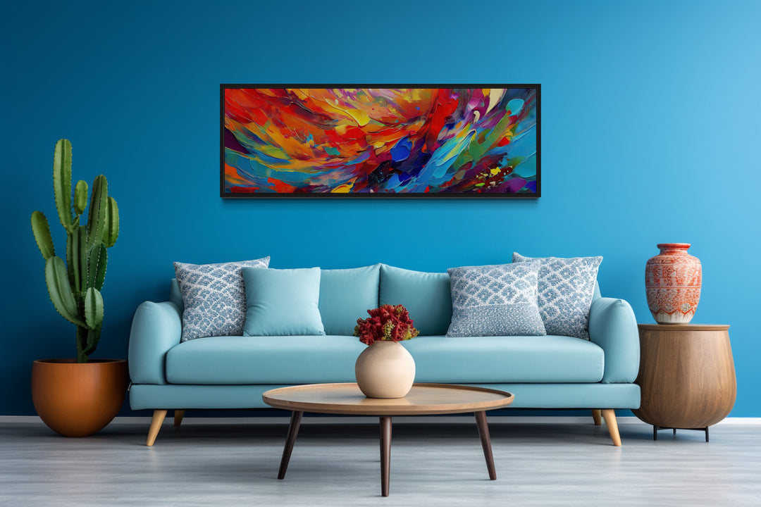 Colorful Red Blue Abstract Painting Long Narrow Framed Canvas Wall Art in blue living room