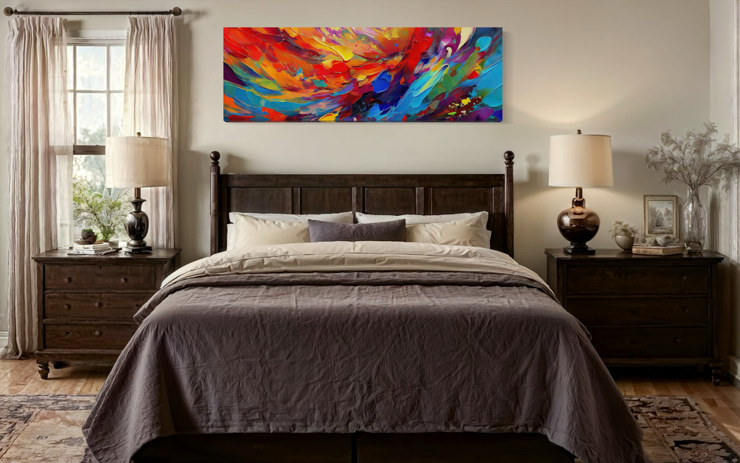 Colorful Red Blue Abstract Painting Long Narrow Framed Canvas Wall Art above bed