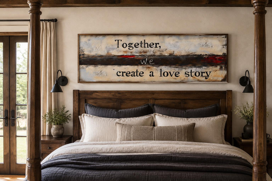 Above bed canvas art with the quote "Together, we create a love story" on an abstract background.