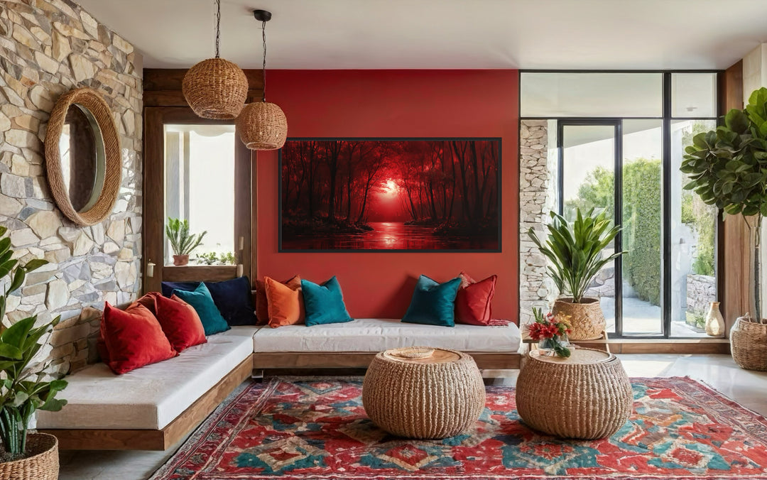 Red Forest And Moon Landscape Framed Canvas Wall Art in a living room filled with lots of furniture and decor