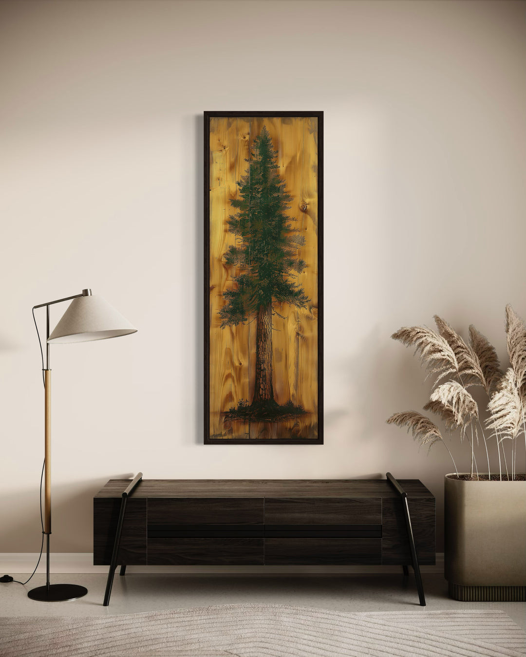 Long Narrow Vertical Green Pine Tree Painted On Wood Rustic Framed Canvas Wall Art