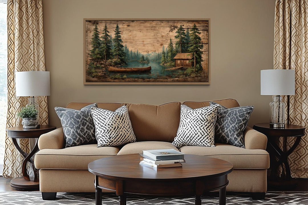 Canoe In The Lake And Pine Forest Scene Canvas Wall Art For Rustic Cabin Decor