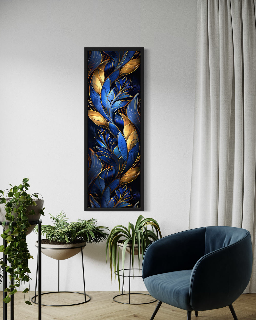 Tall Narrow Navy Blue Gold Art Deco Framed Canvas Wall Art in living room