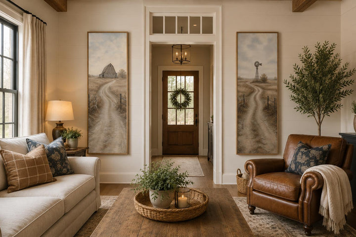 Set of 2 tall narrow farmhouse wall art panels featuring a barn and windmill in golden fields.