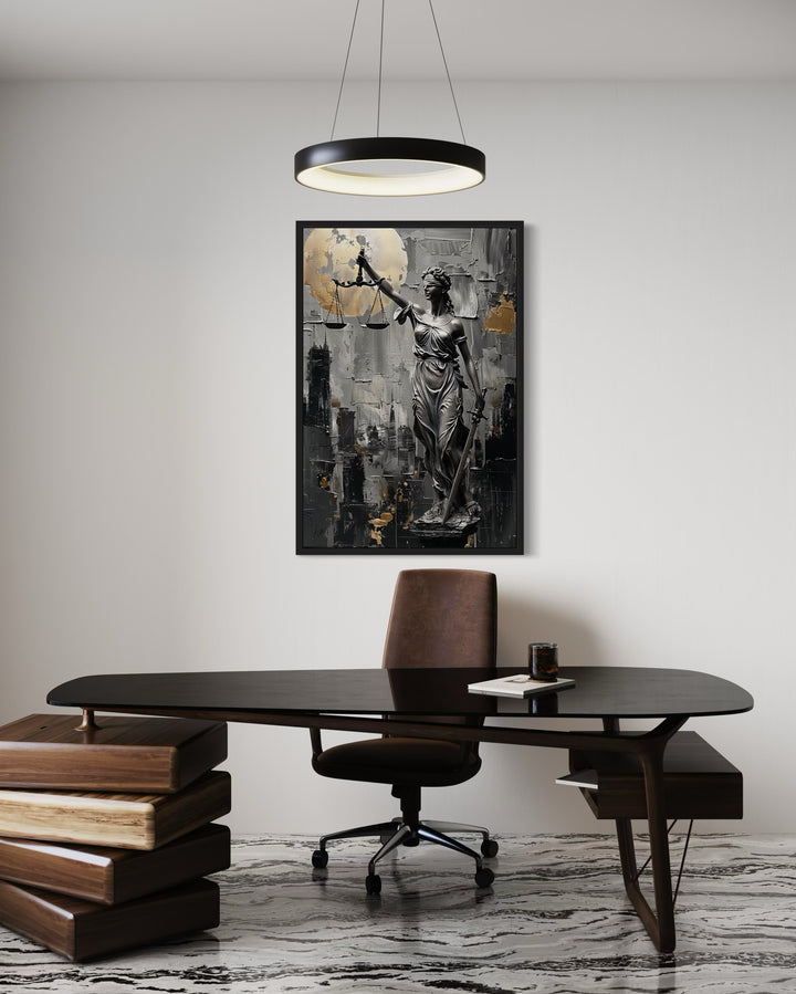 Modern Lady Justice Canvas Wall Art - Bold Legal Decor for Law Firms above desk