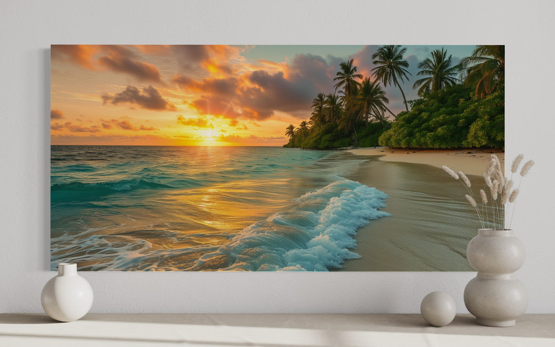 a painting of a tropical sunset on a beach