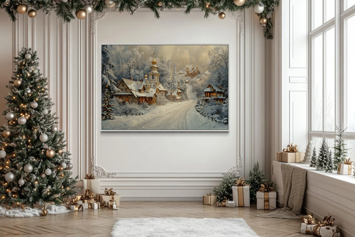 Christmas In Snowy Winter Village Framed Canvas Wall Art in christmas room