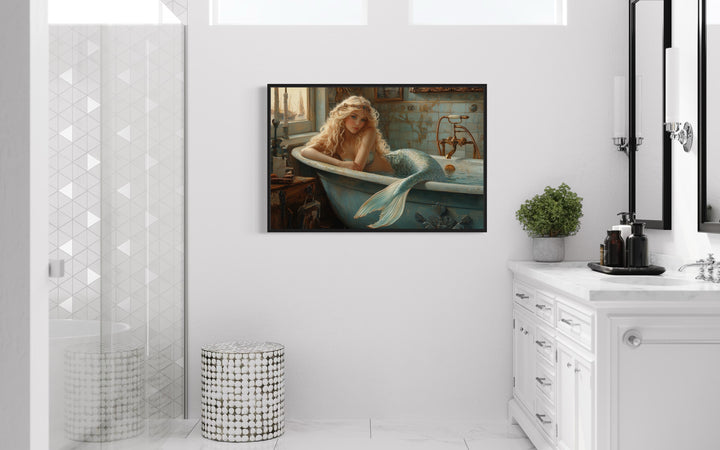 Mermaid in a Bathtub Framed Canvas Wall Art in bathroom