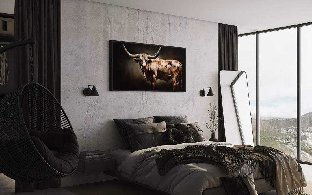 Brown Longhorn Steer Painting Framed Large Canvas Wall Art above brown bed