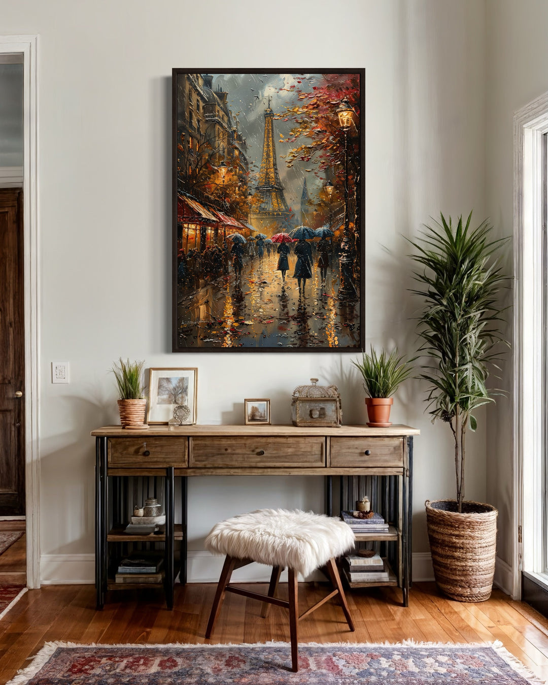 Romantic Paris Street In Rain With Eiffel Tower Framed Canvas Wall Art