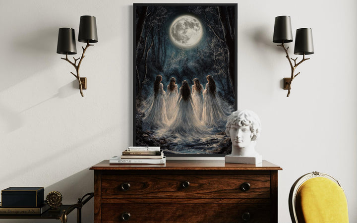 Vertical canvas print of five women in white gowns under a full moon in a dark, gothic forest.