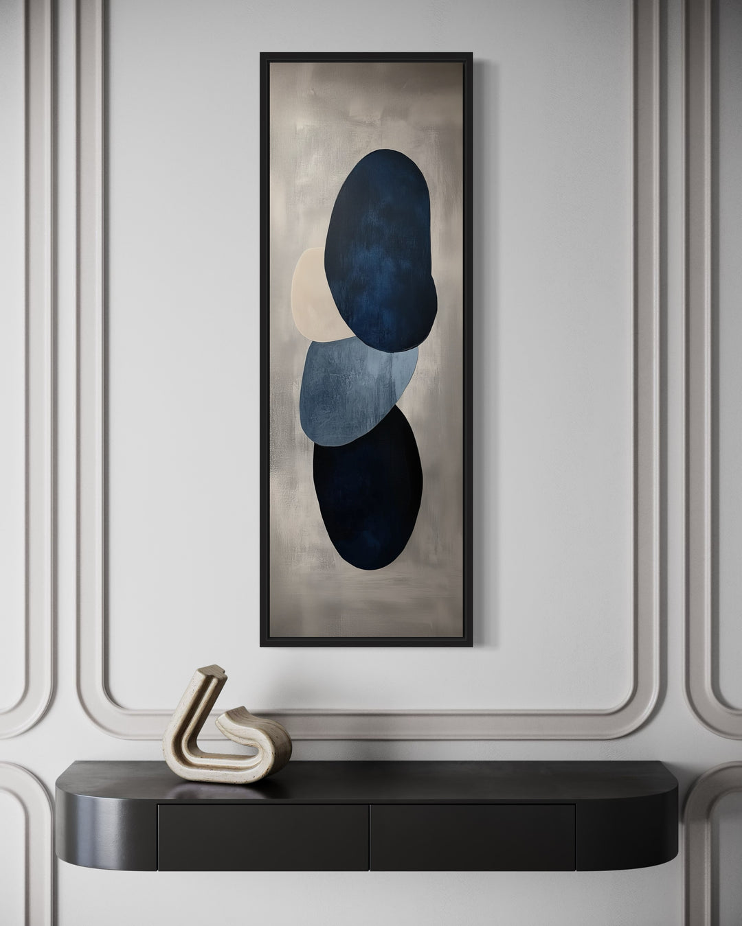 Navy Blue Grey Beige Shapes Vertical Narrow Canvas Wall Art close up