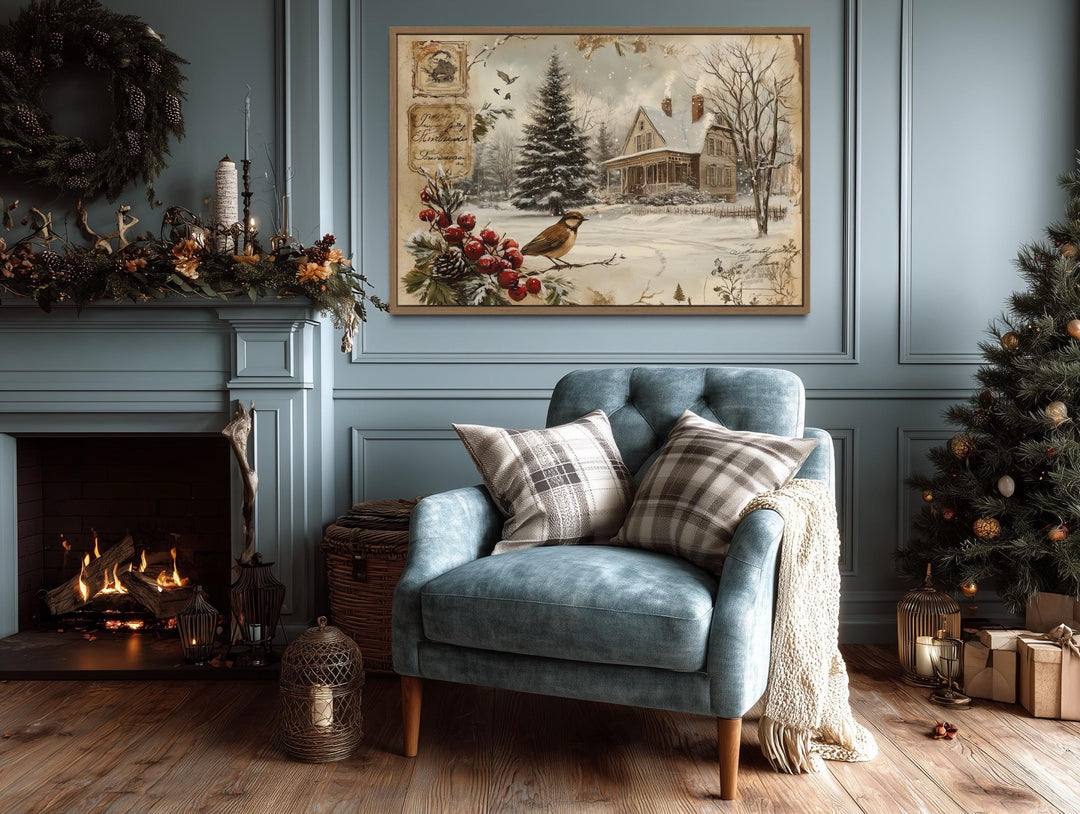 Vintage Christmas Postcard And Winter Bird and House Canvas Wall Art