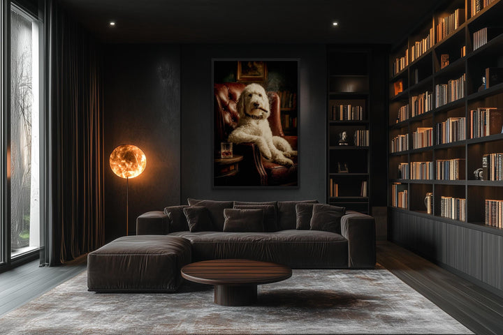 White Goldendoodle Dog Drinking Whiskey and Smoking Cigar Canvas Wall Art