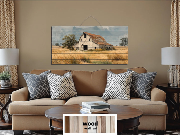 Rustic Old Barn in Wheat Field Distressed Wood Wall Art