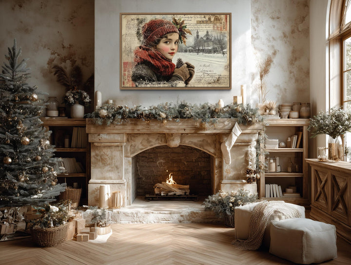 Christmas Girl Vintage Postcard Style Framed Canvas Wall Art