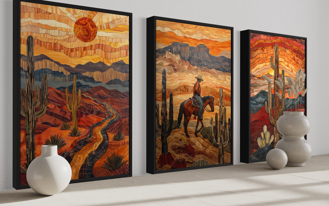 3 Piece Southwestern Canvas Wall Art With Cowboy, Saguaro Cactus and Arizona Desert side view