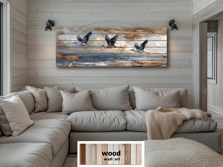 Flying Herons Distressed Wall Art on Wood Planks - Rustic Coastal Bird Decor for Beach Houses
