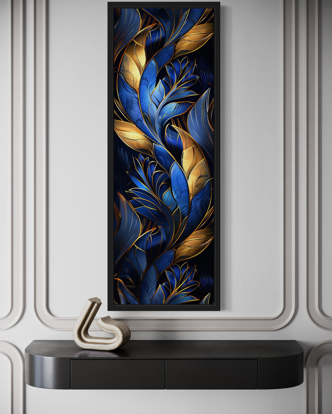 Tall Narrow Navy Blue Gold Art Deco Framed Canvas Wall Art close up