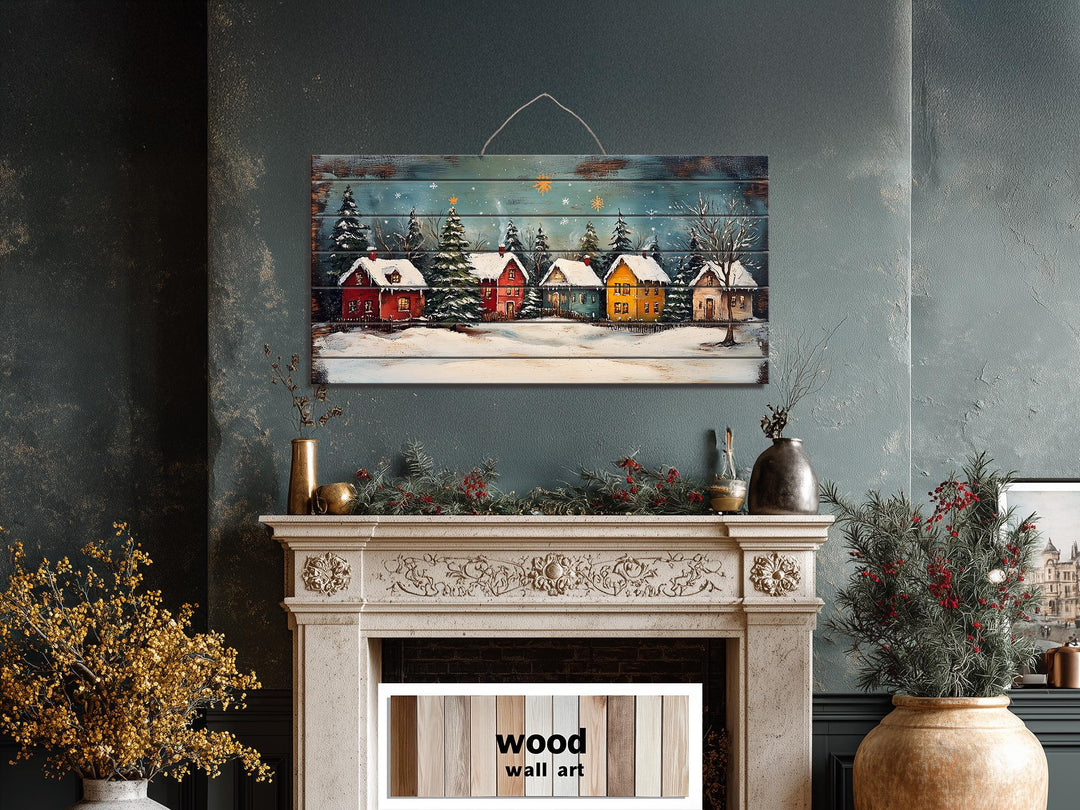 Rustic Christmas Winter Village Distressed Wood Wall Art
