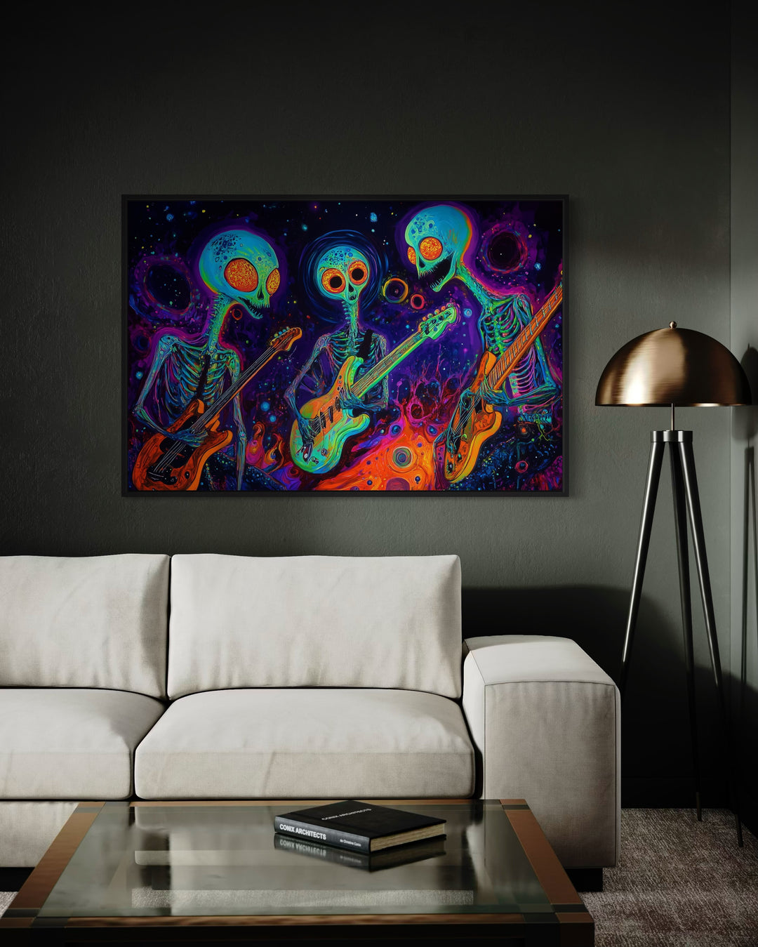 Three Trippy Skeletons Playing Guitars Framed Canvas Wall Art