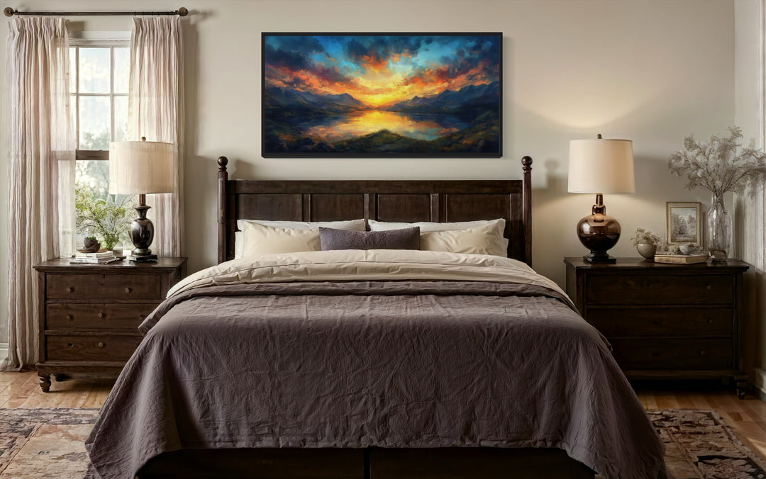 Mountain Lake Sunset Nature Landscape Framed Canvas Wall Art above bed