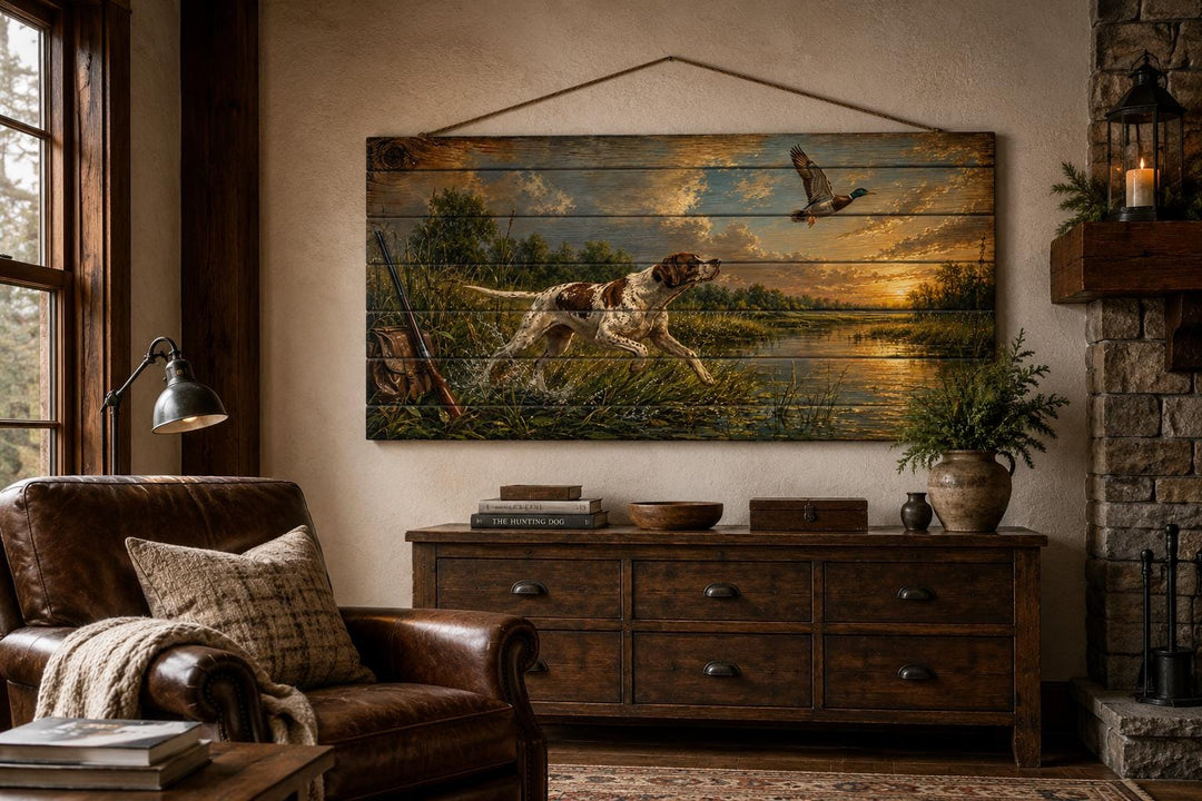 Hunting dog chasing a duck at sunset on distressed wood wall art in a rustic cabin living room.