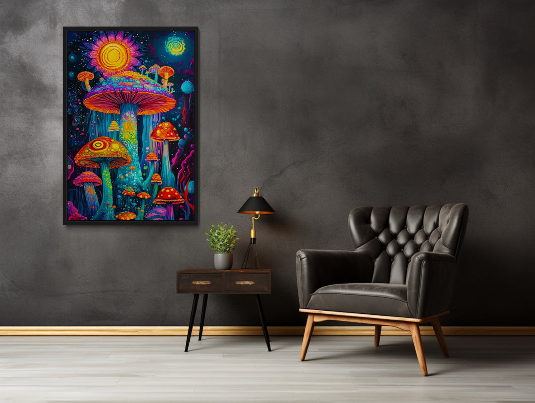 Trippy Mushrooms Framed Canvas Wall Art in dark living room