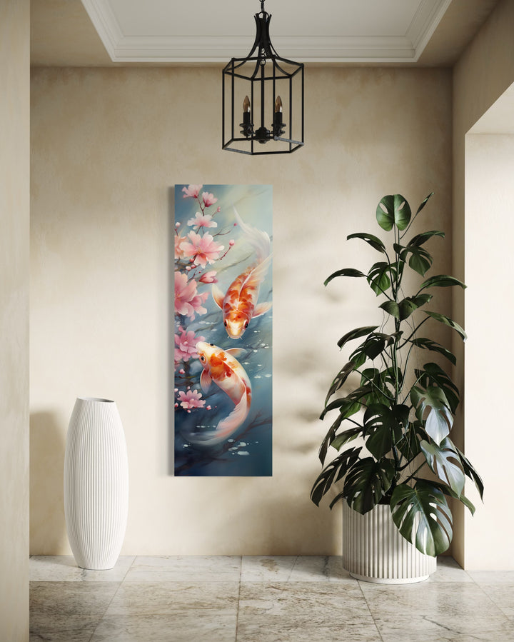 a painting of a koi fish in a pond next to a potted plant