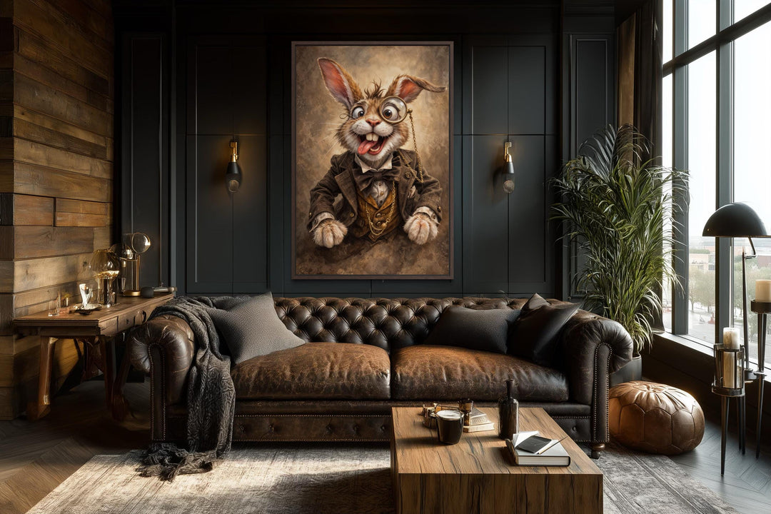 Funny bunny with monocle wall art in a Victorian rabbit portrait above a leather sofa.