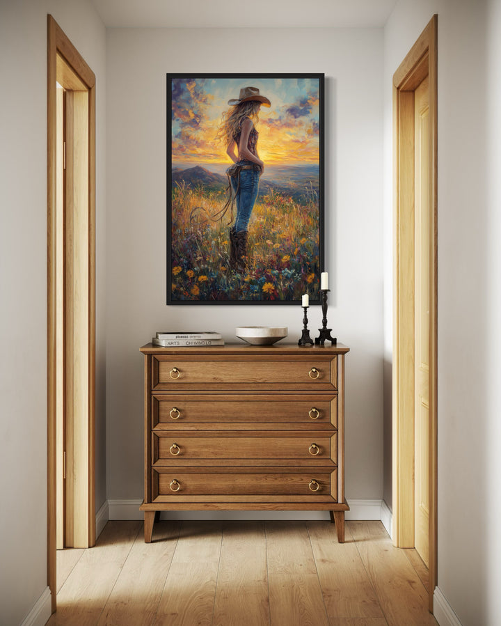 Cowgirl In Wildflowers Field At Sunset Framed Canvas Wall Art in hallway