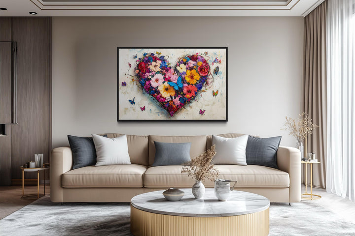 Pink Floral Heart With Butterflies Wall Art - Colorful Romantic Graffiti Canvas Print For Living Room Or Bedroom