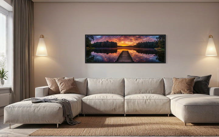 Lake Landscape With Fishing Pier At Sunset Horizontal Canvas Wall Art in living room