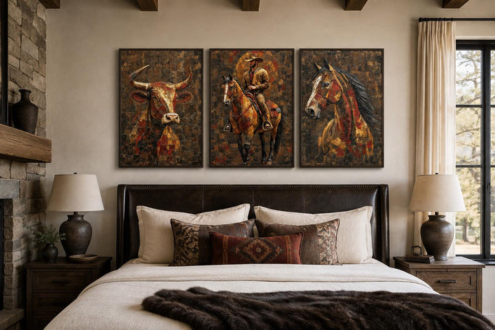 Western Wall Art Set Of 3 – Cowboy, Longhorn Bull, and Horse Canvas Prints for Rustic Ranch or Man Cave Decor