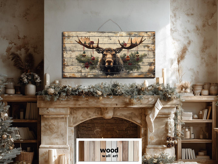 Rustic Christmas Moose With Ornaments Distressed Wood Wall Art