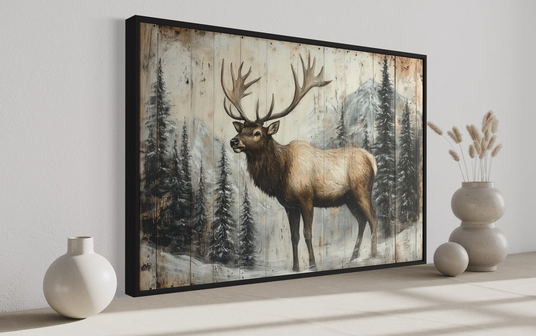 deer In Winter Fir Tree Forest Painted On Wood Rustic Framed Canvas Wall Art side view