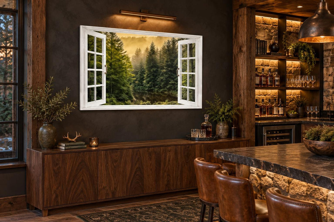 Fake window wall art showing a foggy pine tree forest through an open white frame.